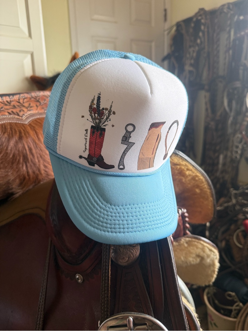 Super Cool Western Motif Trucker Hat Blue and White Never Worn